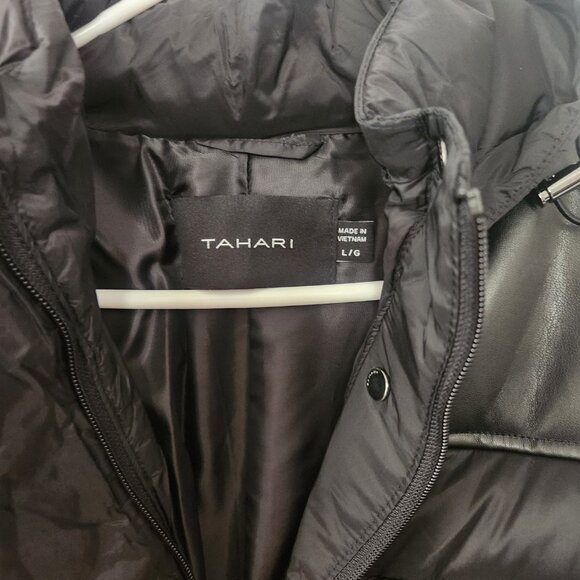 $230- NWT-Tahari Tala Hooded Faux Leather Trim Puffer Coat-Black-Large - Picture 4 of 14